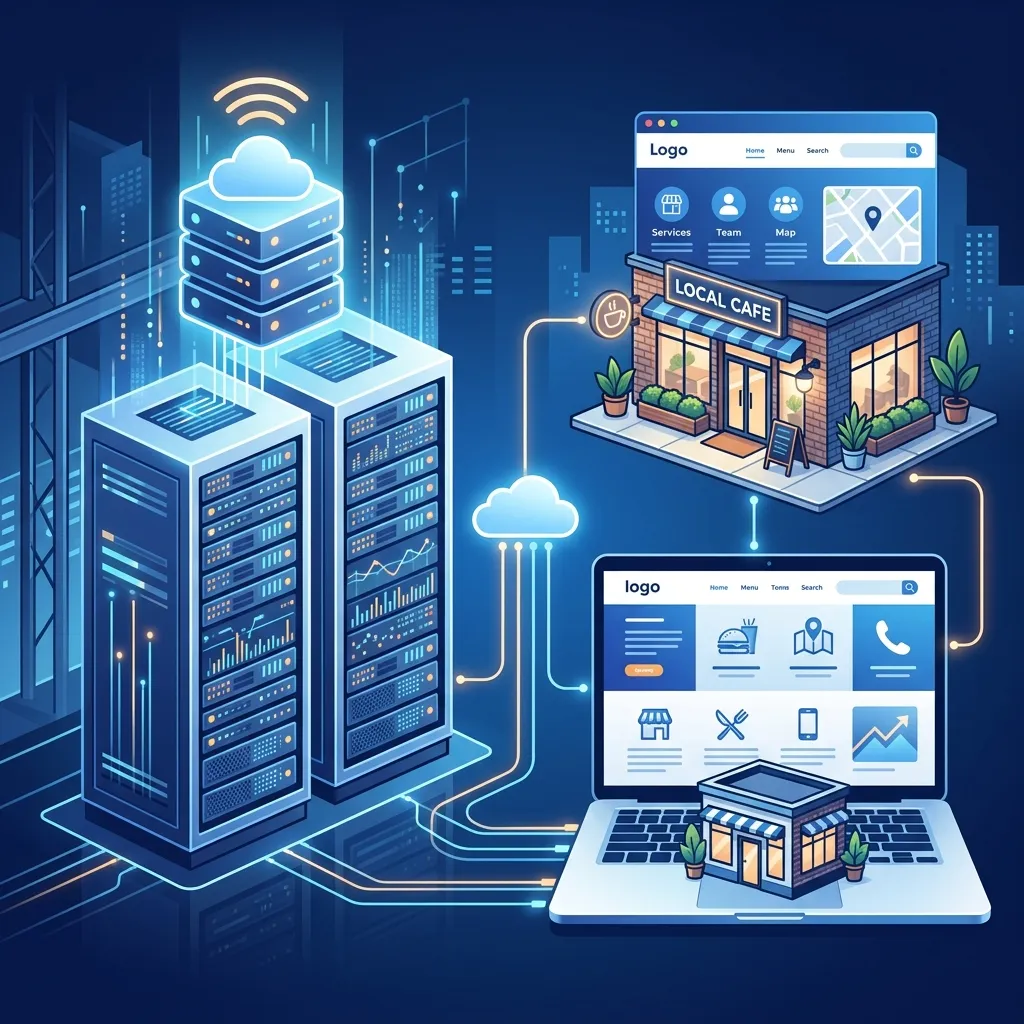 Professional illustration of a local business website hosted on a reliable server