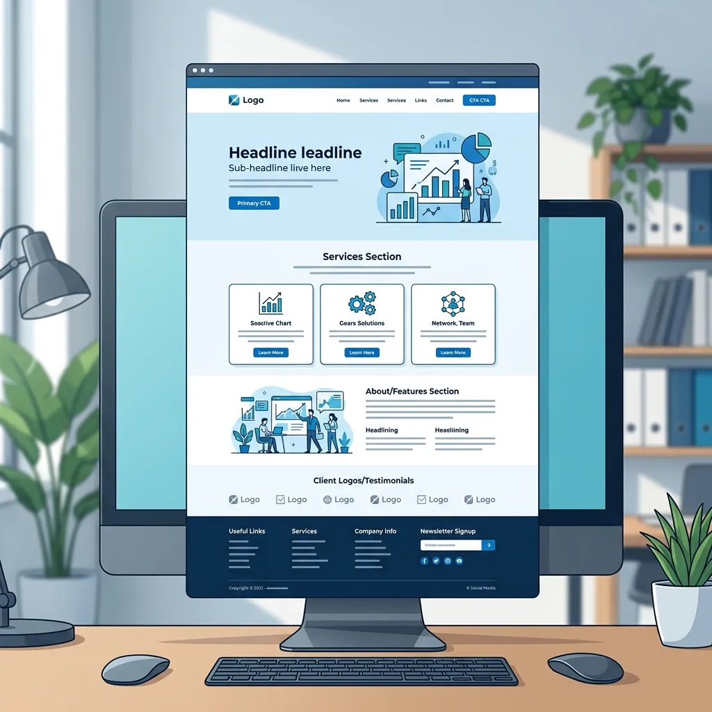 Website homepage wireframe layout on a sleek desktop monitor