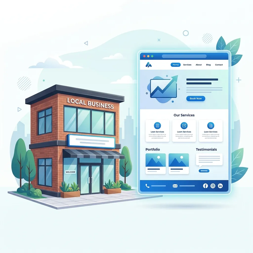 Local business building with a sleek modern responsive website interface floating next to it