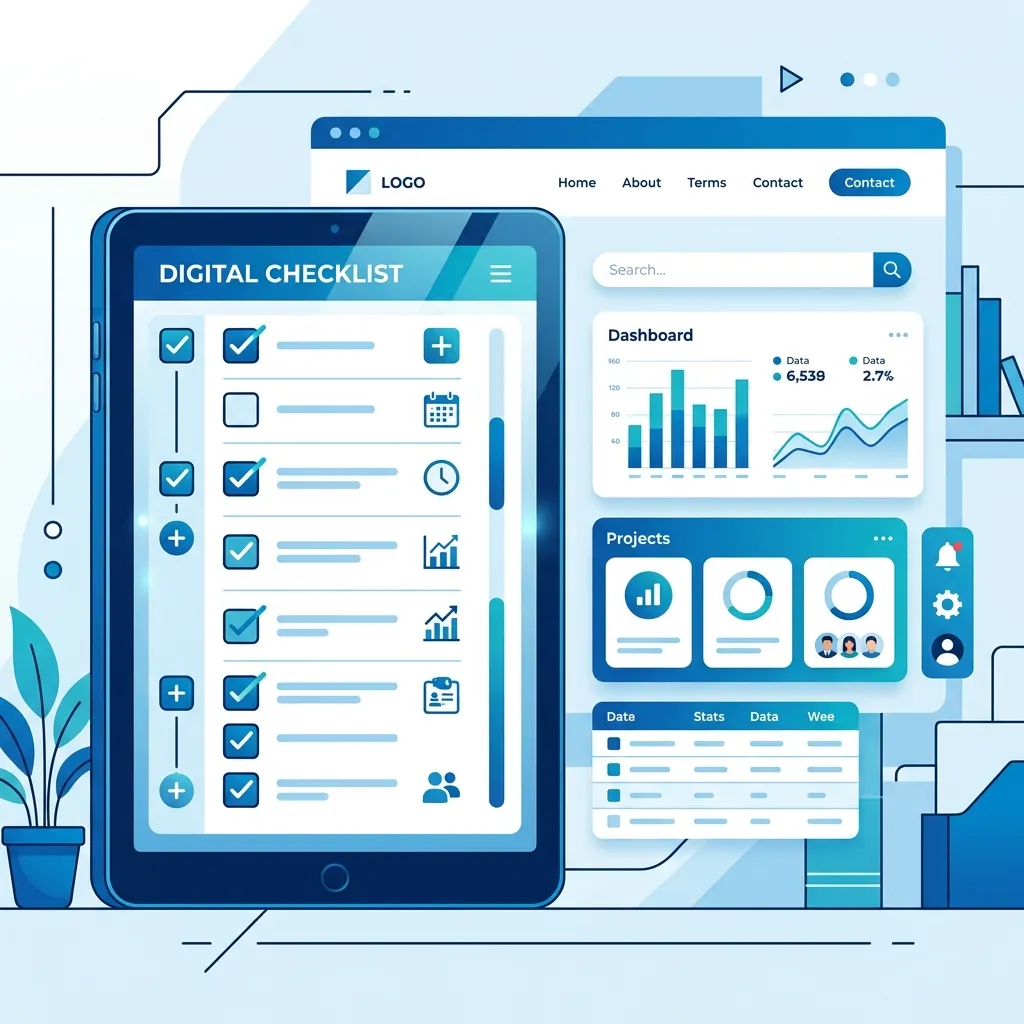 Digital checklist on a sleek tablet screen next to website UI elements