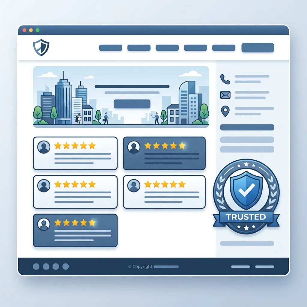 Trustworthy local business website interface with 5-star review badges and a shield icon