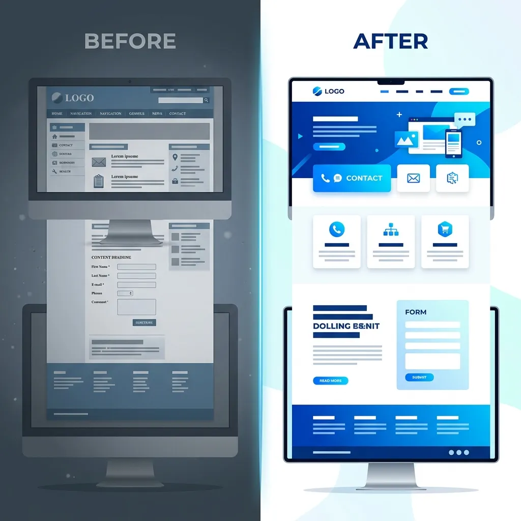 Before-and-after concept of a website interface with clear contact buttons